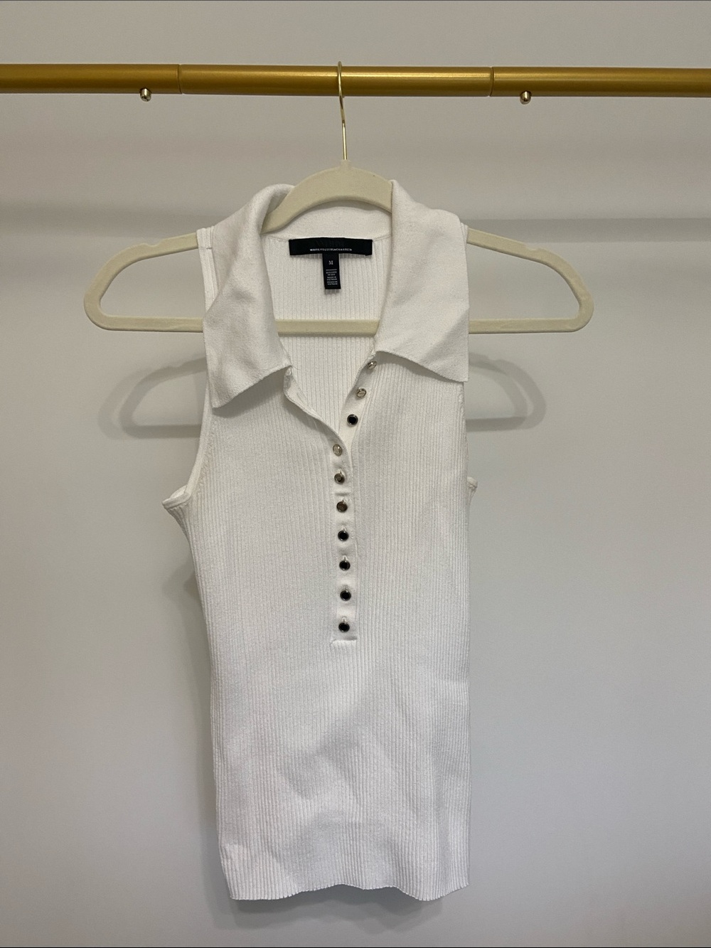 White House Black Market White Ribbed Polo-Style Sleeveless Tank
